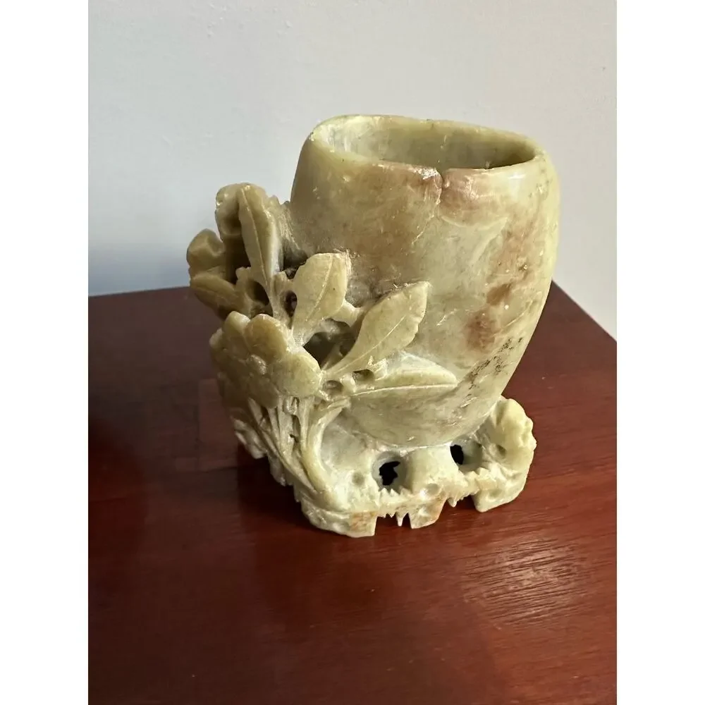 Vintage Chinese Soapstone Carved Floral Miniature Pen Holder Bud Vase home decor
